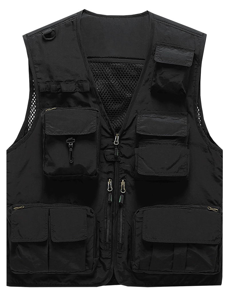 Flygo Men's Casual Lightweight Outdoor Fishing Work Safari Travel Photo Cargo Vest Jacket Multi Pockets(Large, Black) - Image 1